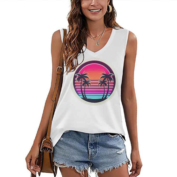 Retro 80s Synthwave Sunset & Palm Trees Retro Nostalgia 80s Women's V-Neck Tank Top