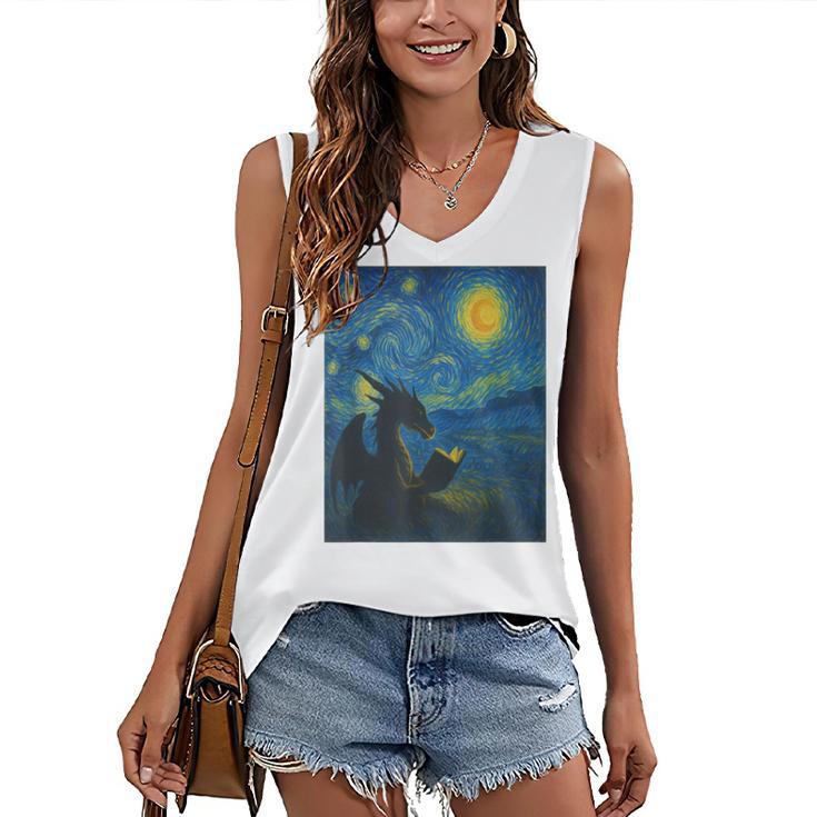 Van Gogh Starry Night Fantasy Reader Dragon Reading Book Women's V-Neck Tank Top