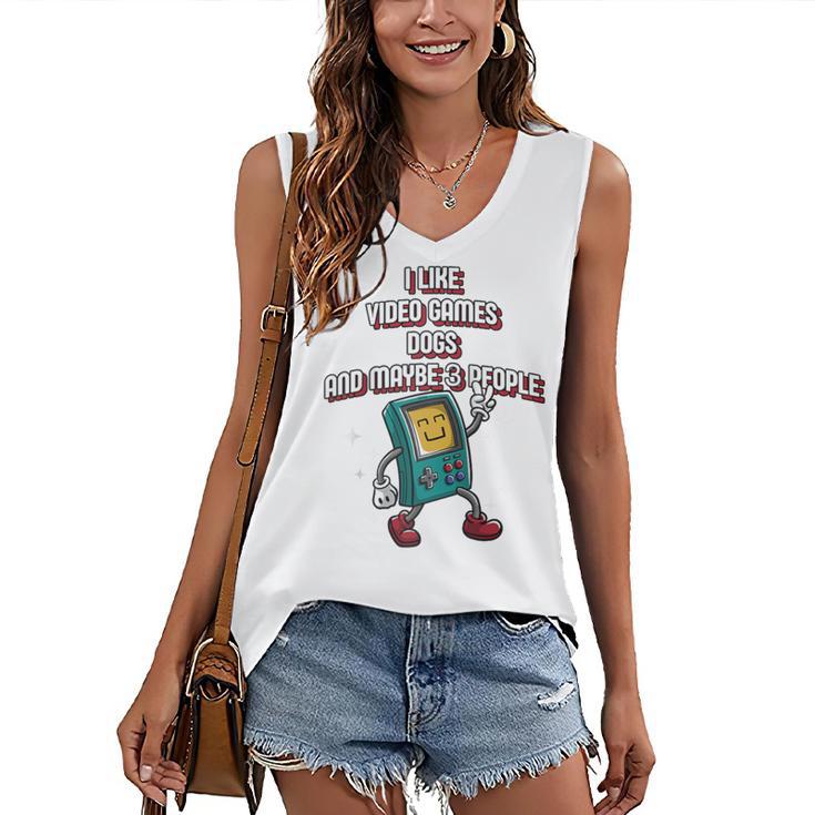 I Like Video Games Dogs And Maybe 3 People Gamer Introvert Raglan Baseball Tee Women's V-Neck Tank Top