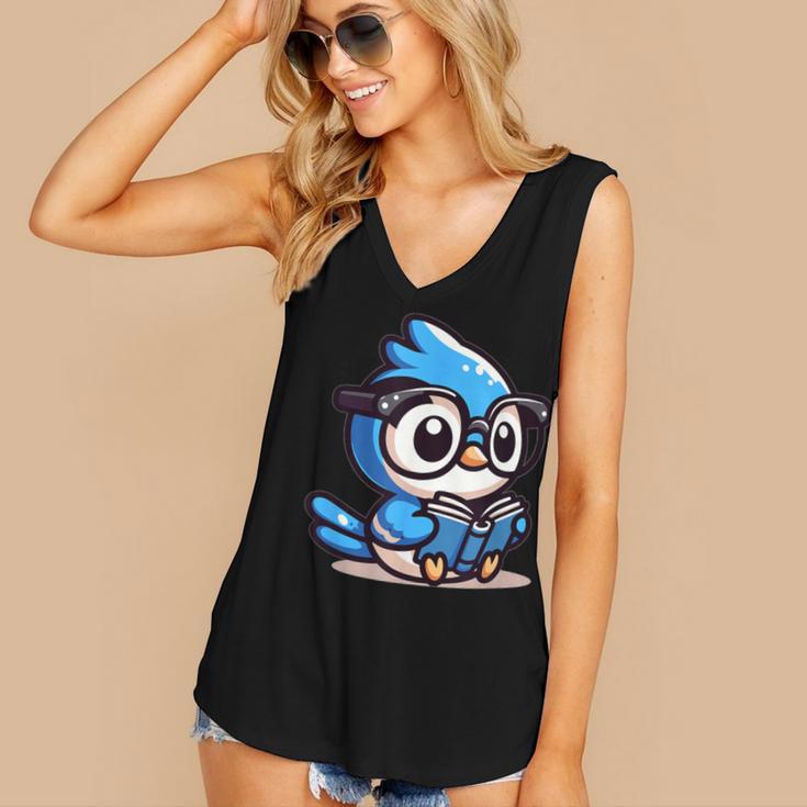 Adorable Book Lover Blue Jay With Reading Glasses Cute Women's V-Neck Tank Top