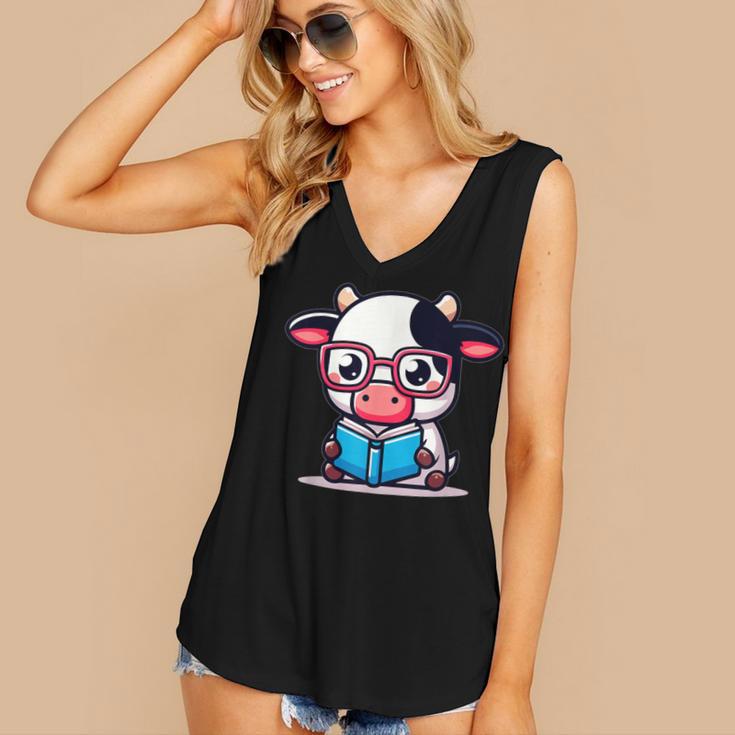 Adorable Book Lover Cow With Reading Glasses Cute Women's V-Neck Tank Top