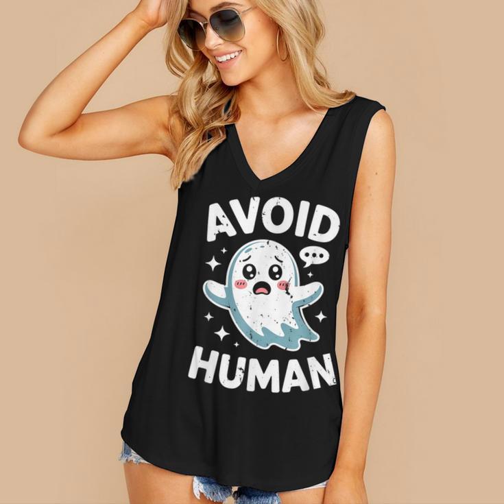 Avoid Humans Cute Kawaii Pastel Ghost Introvert Saying Women's V-Neck Tank Top Avoid Humans Cute Kawaii Pastel Ghost Introvert Saying Women's V-Neck Tank Top