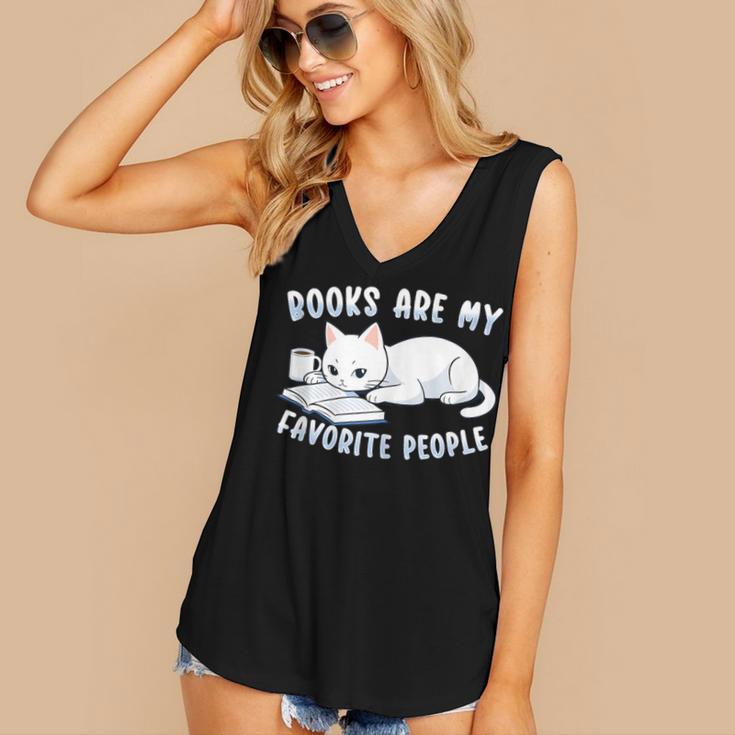 Books Are My Favorite People Cat With Coffee Mug Book Lovers Women's V-Neck Tank Top