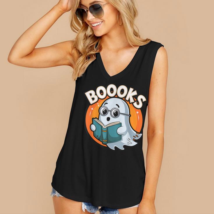 BOOOKS Cute Ghost Reading Books Halloween Women's V-Neck Tank Top