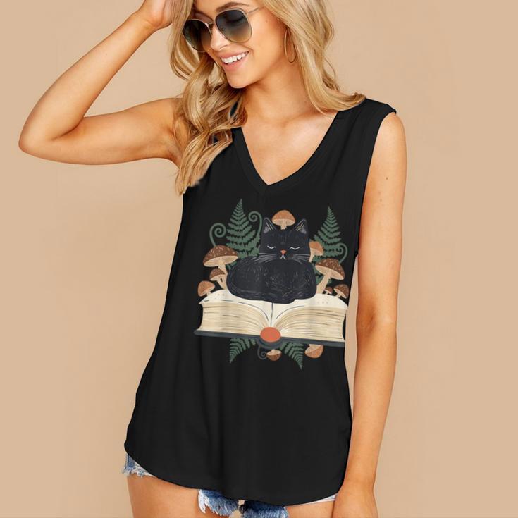 Cat On Open Book Mushrooms Ferns Dark Academia Women's V-Neck Tank Top