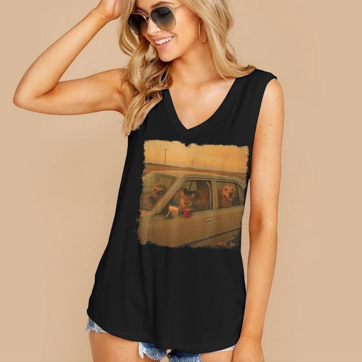 Cat Sloth Dog Retro Nostalgia Roadtrip Photo Women's V-Neck Tank Top Cat Sloth Dog Retro Nostalgia Roadtrip Photo Women's V-Neck Tank Top