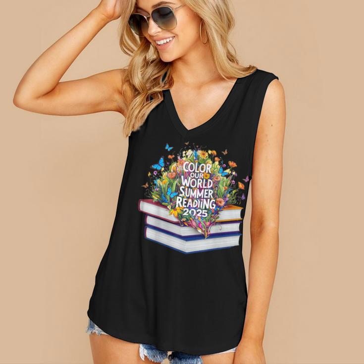 Color Our World Summer Reading 2025 Cute Book Wildflowers Women's V-Neck Tank Top