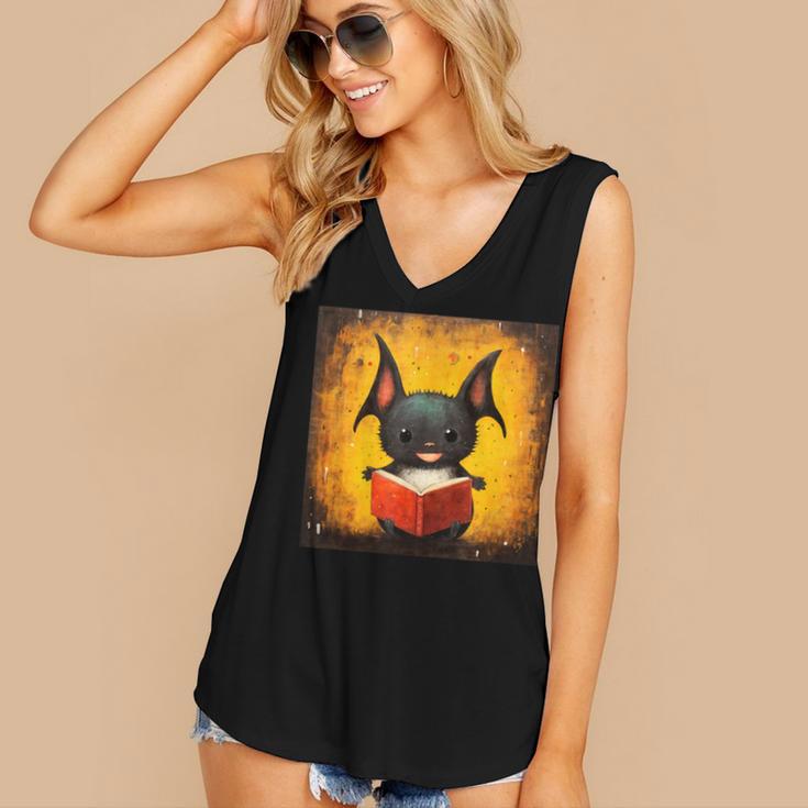 Colorful Sketch Oil Painting Of A Bat Reading Book Women's V-Neck Tank Top Colorful Sketch Oil Painting Of A Bat Reading Book Women's V-Neck Tank Top