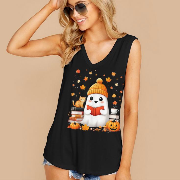 Cute Beanie Ghost Bookworm Cozy Book Reading Halloween Women's V-Neck Tank Top