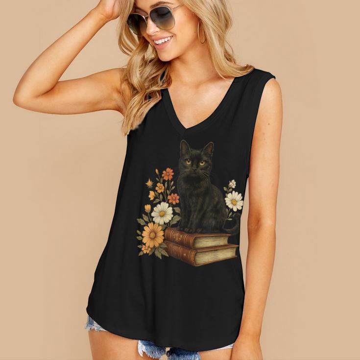 Cute Cat Book Flowers Women's V-Neck Tank Top Cute Cat Book Flowers Women's V-Neck Tank Top