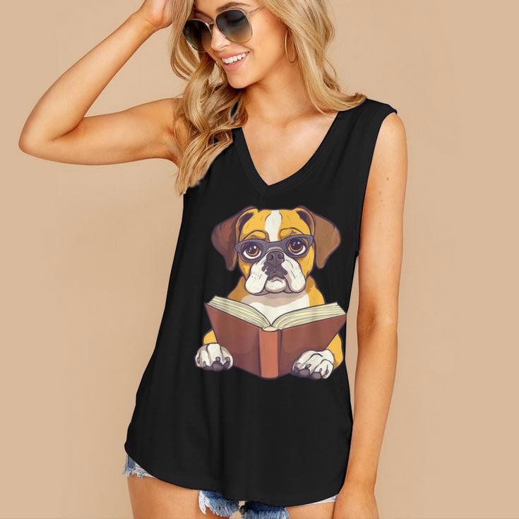 Cute Dog Boxer Reading Book Women's V-Neck Tank Top