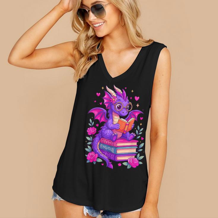 Cute Dragon Reading Books Bookworm Women's V-Neck Tank Top