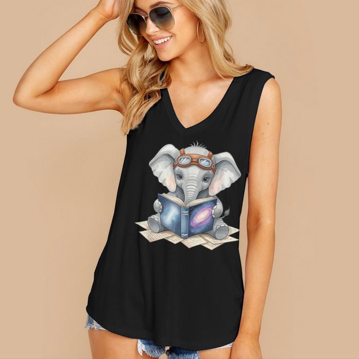 Cute Elephant Reading Universe Book Women's V-Neck Tank Top Cute Elephant Reading Universe Book Women's V-Neck Tank Top