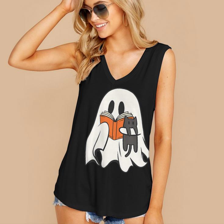 Cute Ghost Cat Reading Book Spooky Season Halloween Costume Women's V-Neck Tank Top Cute Ghost Cat Reading Book Spooky Season Halloween Costume Women's V-Neck Tank Top
