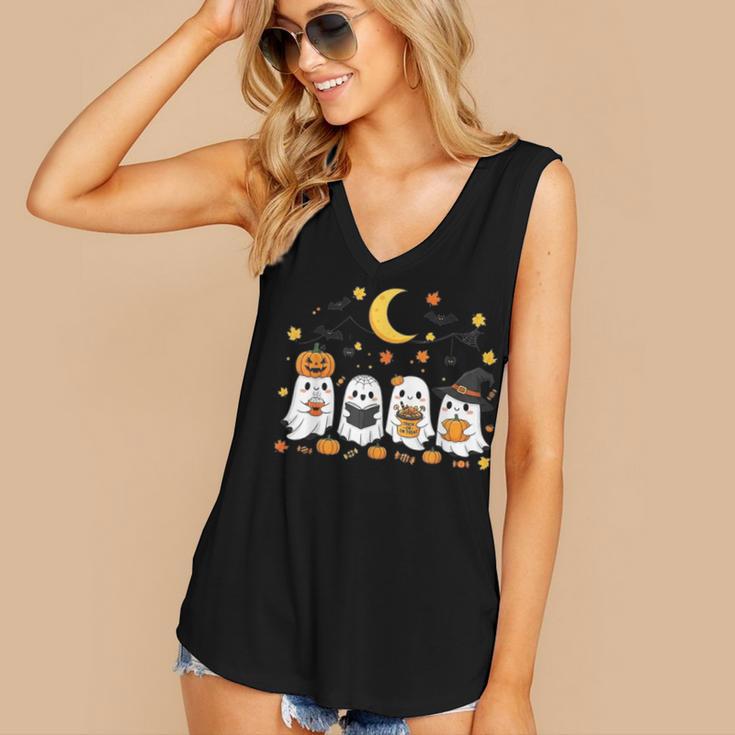 Cute Ghost Drinking Coffee Halloween Fall Ghost Book Reading Women's V-Neck Tank Top