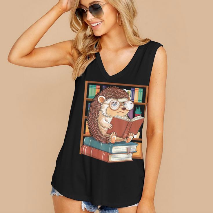 Cute Hedgehog Book Nerd Women's V-Neck Tank Top