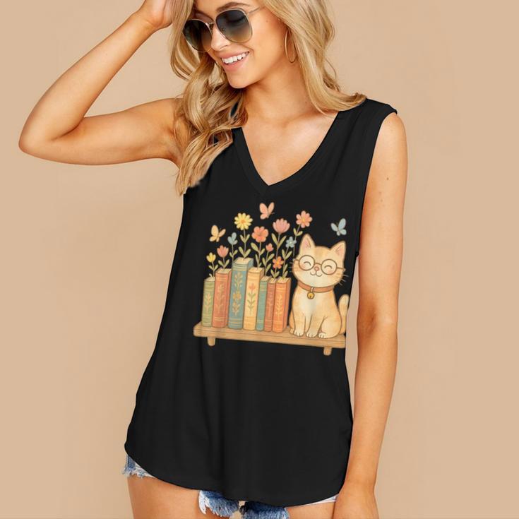 Cute Kawaii Cat Books Flowers Women's V-Neck Tank Top Cute Kawaii Cat Books Flowers Women's V-Neck Tank Top