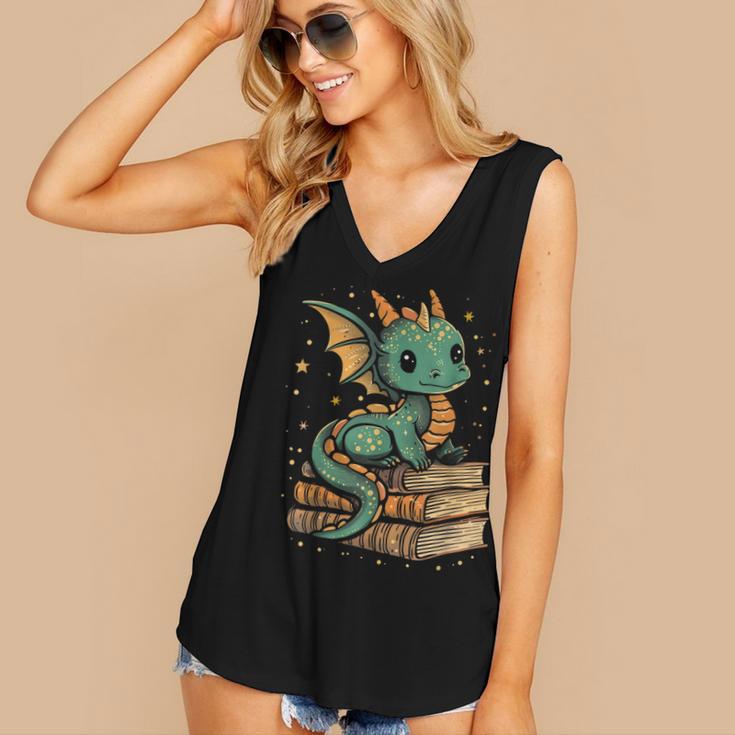 Cute Kawaii Dragon Fantasy Book Lover Book Nerd Women's V-Neck Tank Top