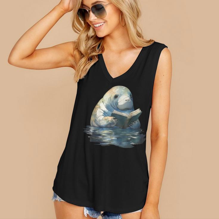 Cute Manatee Reading Book Bookworm Readers Manatee Lover Women's V-Neck Tank Top