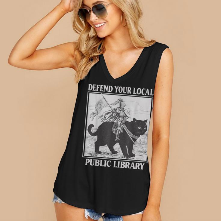 Defend Your Local Library Knight Cat Rider Book Lover Women's V-Neck Tank Top