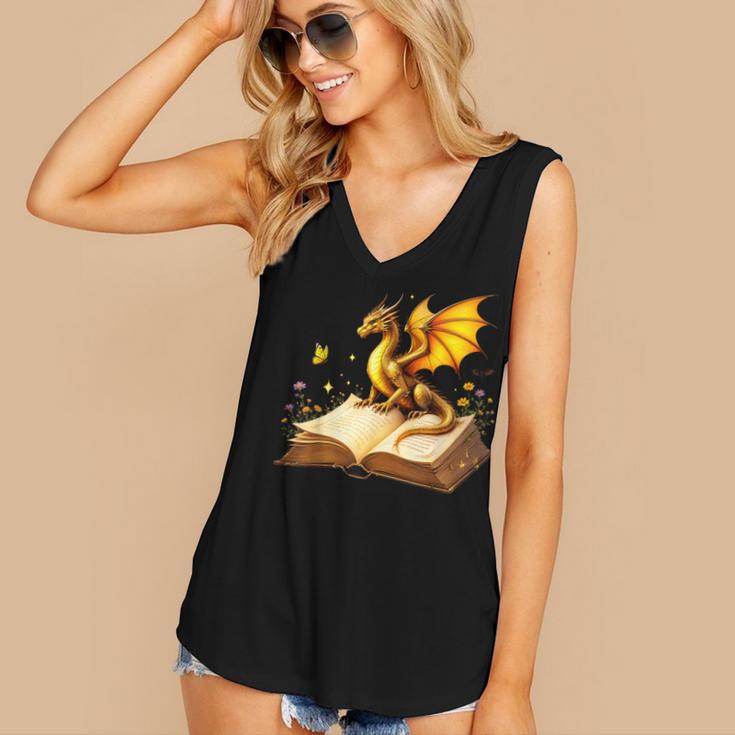 Dragon Fantasy Book Lover Bookish Reader Bookworm Wildflower Women's V-Neck Tank Top