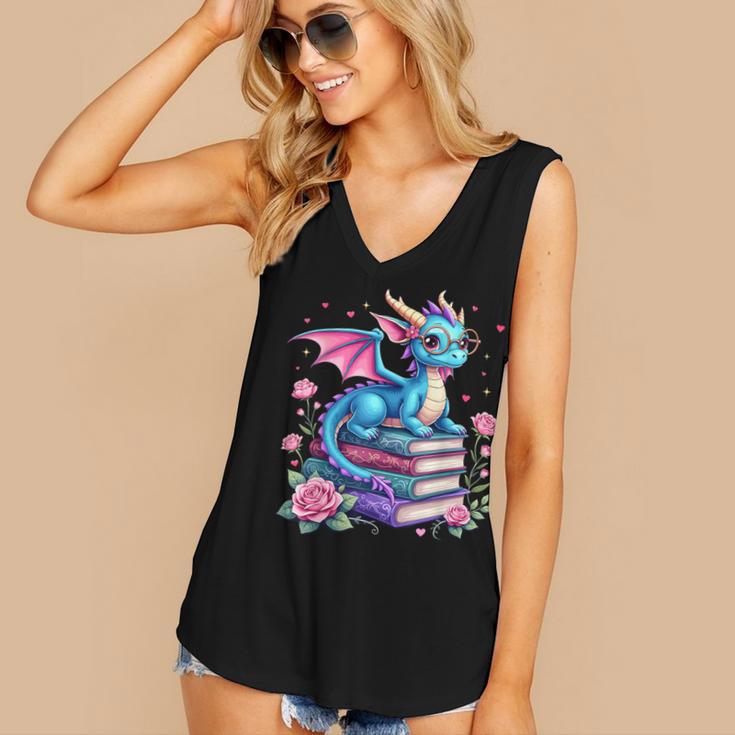Dragons And Books Dragon Reading Book Lover Girl Bookworm Women's V-Neck Tank Top Dragons And Books Dragon Reading Book Lover Girl Bookworm Women's V-Neck Tank Top