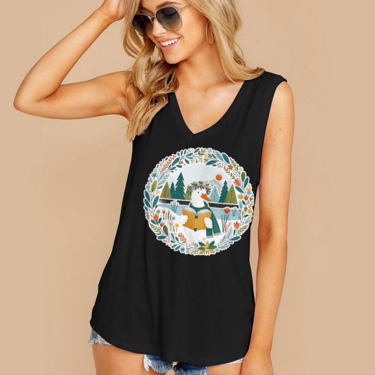 Duck Wilderness Book Reading Illustration Floral Women's V-Neck Tank Top