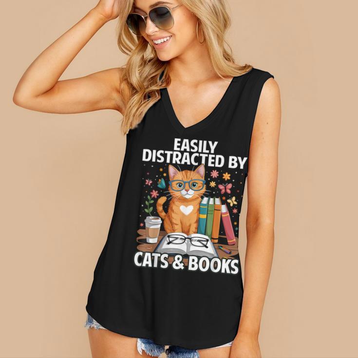 Easily Distracted By Cats And Books Book Lover Cat Women's V-Neck Tank Top