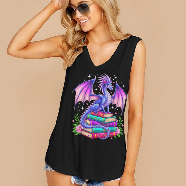 Fantasy Dragon Reading Books Bookworm Women's V-Neck Tank Top