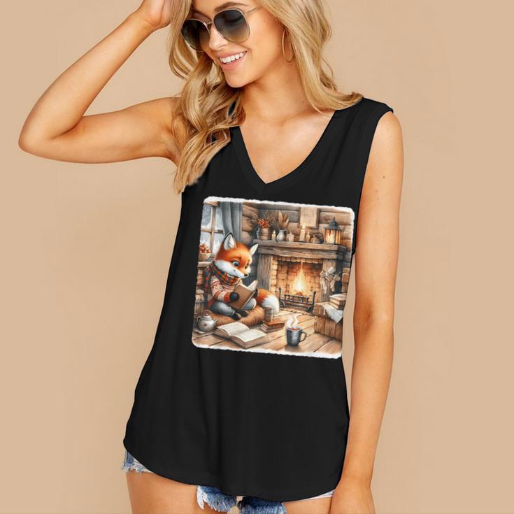 Fox Reads By Fireplace In Cabin Rustic Book Cozy Cup Tea Women's V-Neck Tank Top