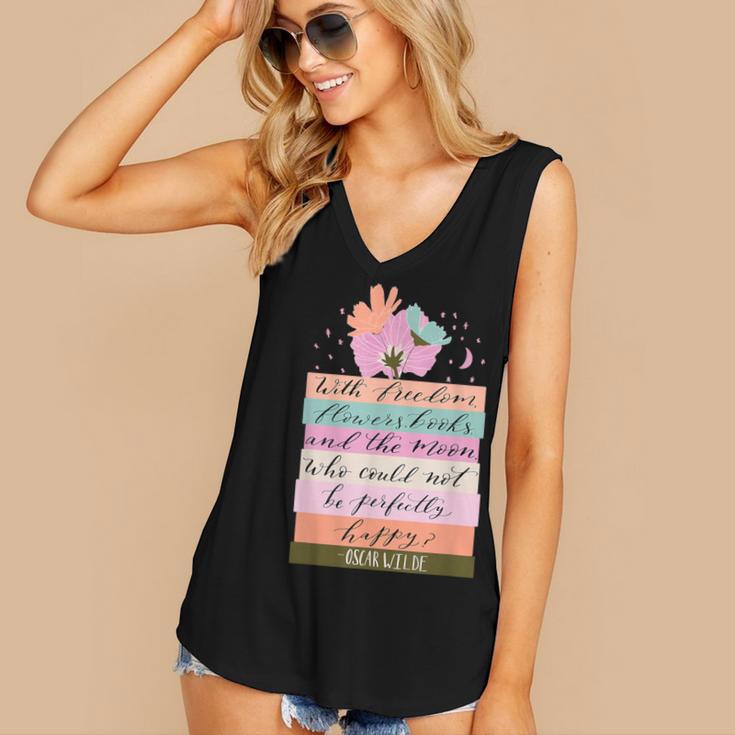 With Freedom Flowers Books And The Moon Women's V-Neck Tank Top
