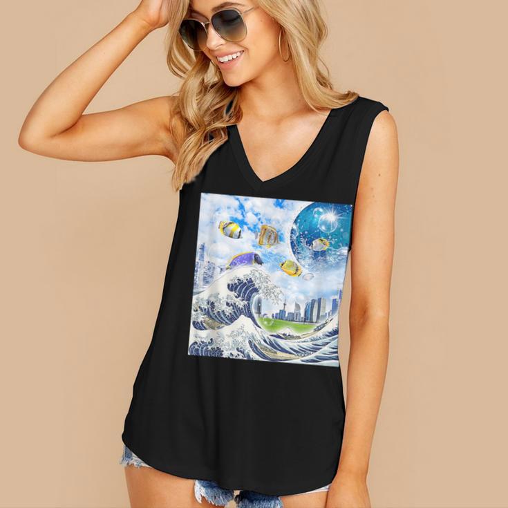 Frutiger Aero Aesthetic Tech Great Wave Of Kanagawa Fishes Women's V-Neck Tank Top
