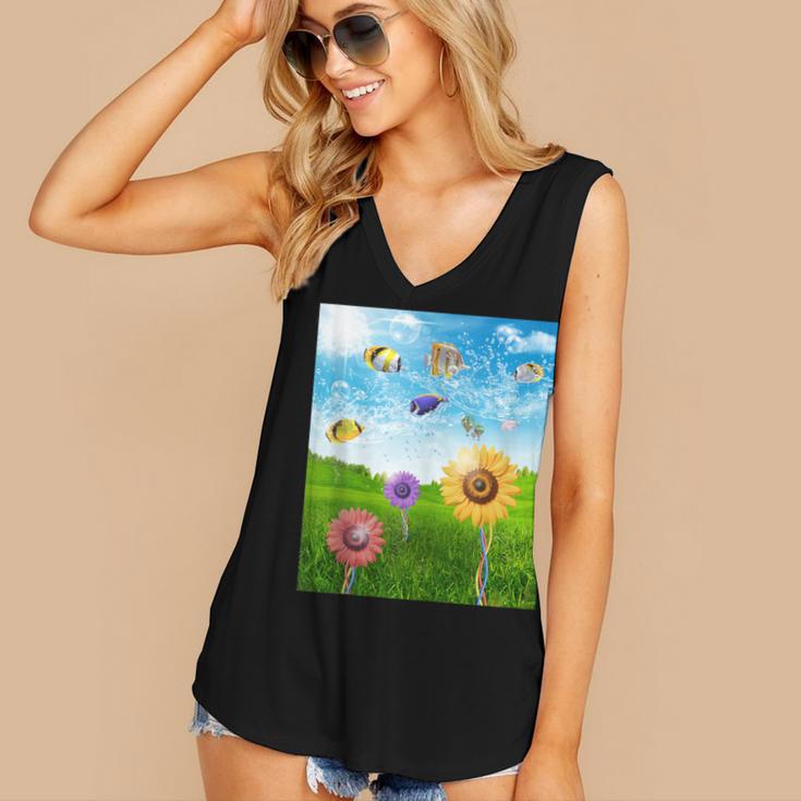 Frutiger Aero Aesthetic Tech Scenery Fishes Sunflower Women's V-Neck Tank Top Frutiger Aero Aesthetic Tech Scenery Fishes Sunflower Women's V-Neck Tank Top
