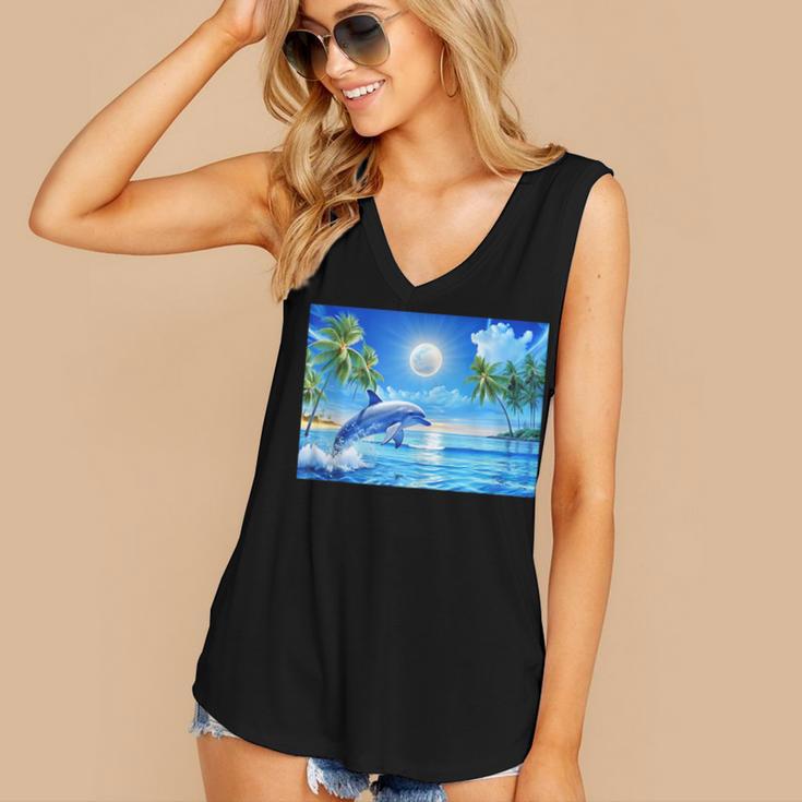 Frutiger Aero Dolphin Sunset Ocean With Palm Trees Y2k Women's V-Neck Tank Top Frutiger Aero Dolphin Sunset Ocean With Palm Trees Y2k Women's V-Neck Tank Top