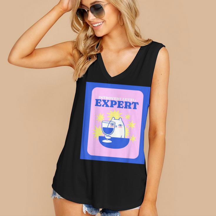 Fun Cute Introvert Cat Character With Wine Women's V-Neck Tank Top