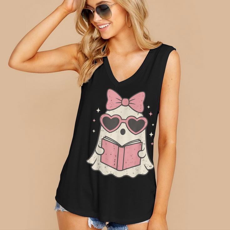 Ghost Reading Book Halloween Cat Lover Women's V-Neck Tank Top Ghost Reading Book Halloween Cat Lover Women's V-Neck Tank Top