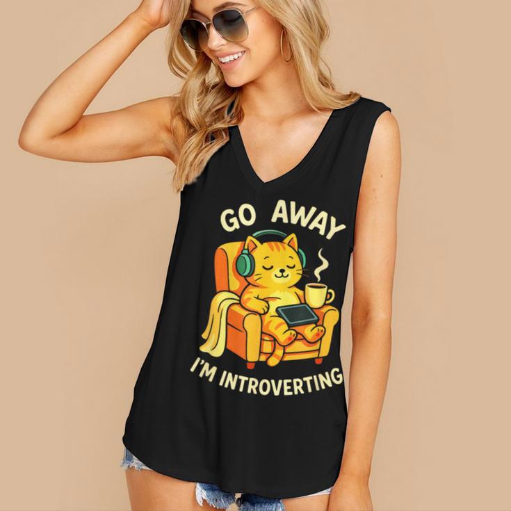 Go Away I'm Introverting Cat Coffee Headphones Women's V-Neck Tank Top Go Away I'm Introverting Cat Coffee Headphones Women's V-Neck Tank Top