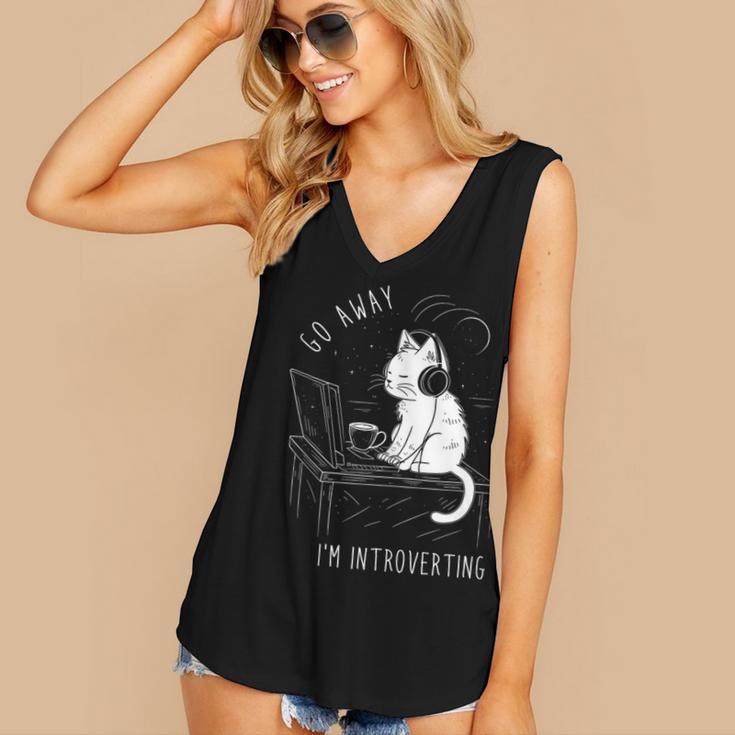 Introvert Cat With Coffee On Computer Antisocial Emo Goth Women's V-Neck Tank Top Introvert Cat With Coffee On Computer Antisocial Emo Goth Women's V-Neck Tank Top
