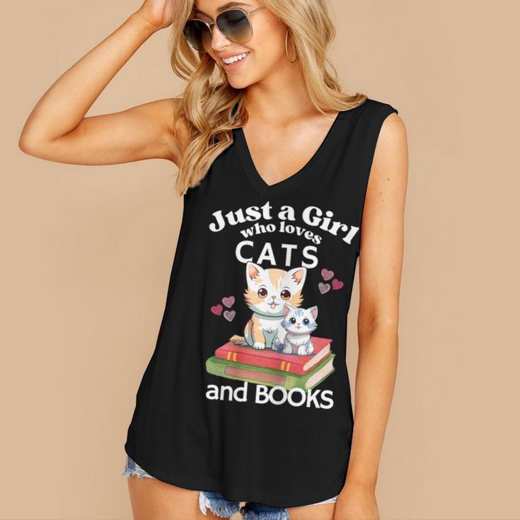 Just A Girl That Loves Cats And Books Cute Cat & Bookwork Women's V-Neck Tank Top Just A Girl That Loves Cats And Books Cute Cat & Bookwork Women's V-Neck Tank Top