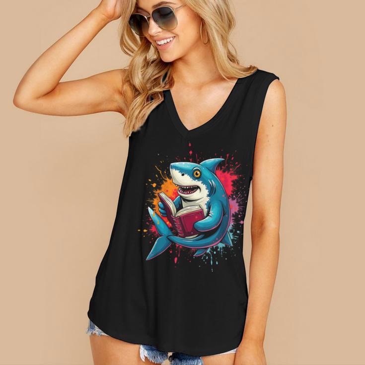 Kawaii Shark Reads Book Reading Library Book Bookworm Women's V-Neck Tank Top