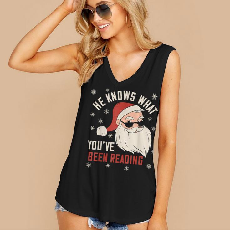 He Knows What You'Ve Been Reading Book Lover Women Santa Women's V-Neck Tank Top
