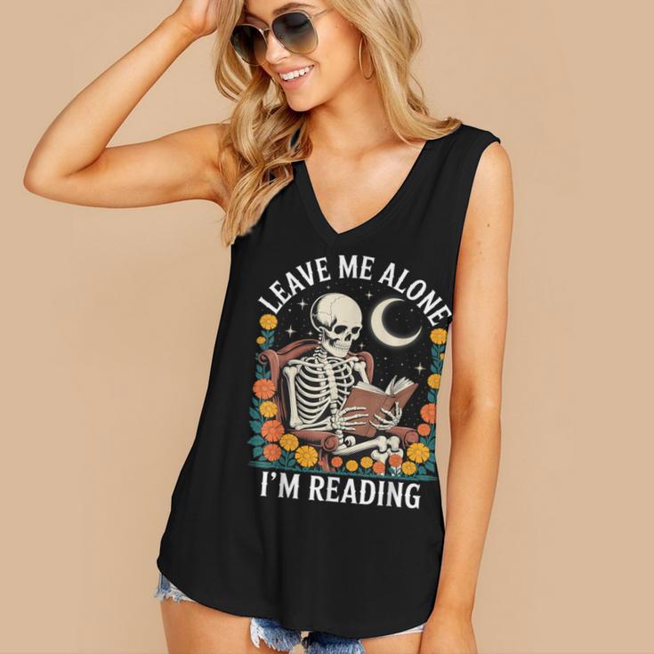 Leave Me Alone Skeleton Reading Book Floral Moon Librarian Women's V-Neck Tank Top