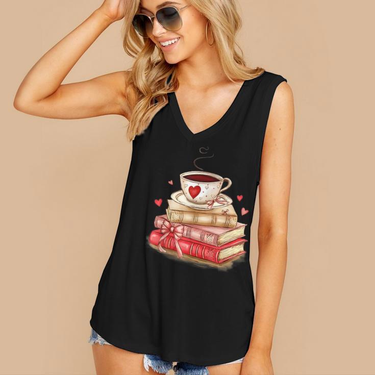 Love Book Coffee Heart Coquette Bow Valentines Day Women's V-Neck Tank Top