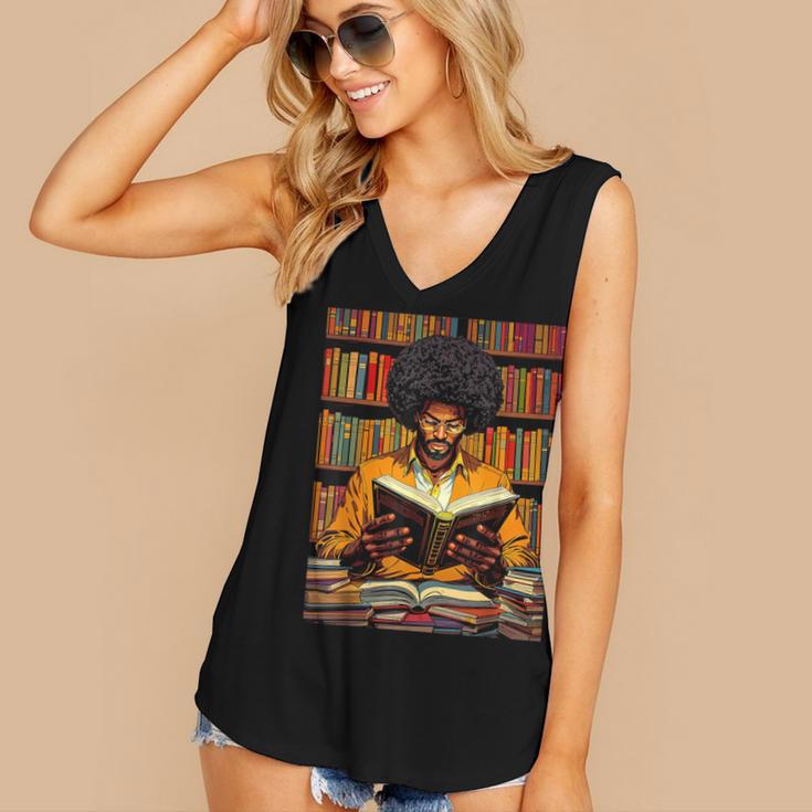 Man Reading Book Black History Month Book Lover Afro Women's V-Neck Tank Top