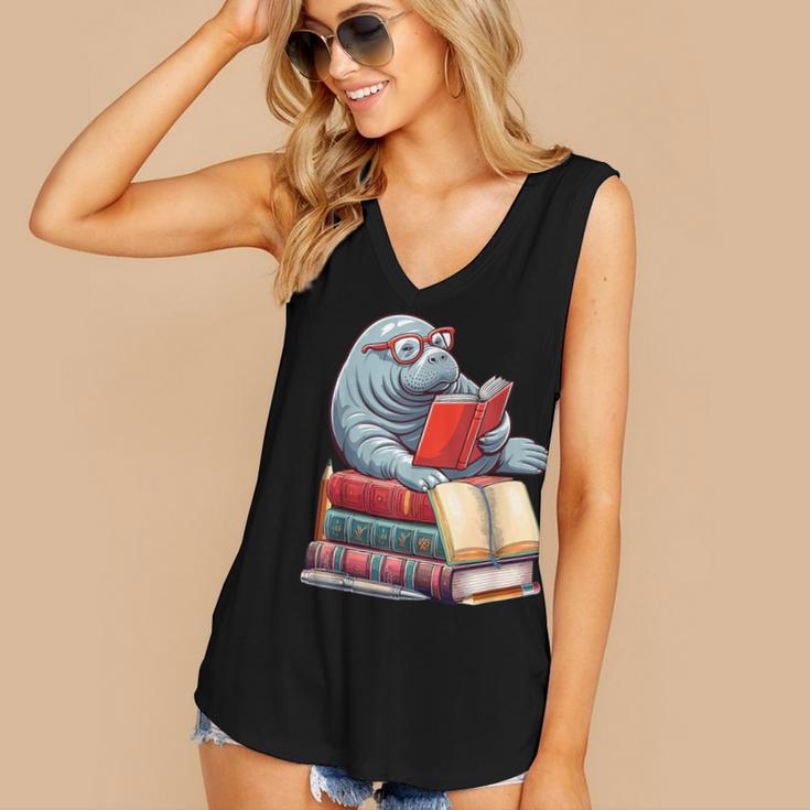 Manatee Reading Books Matching Bookworm Readers Librarian Women's V-Neck Tank Top