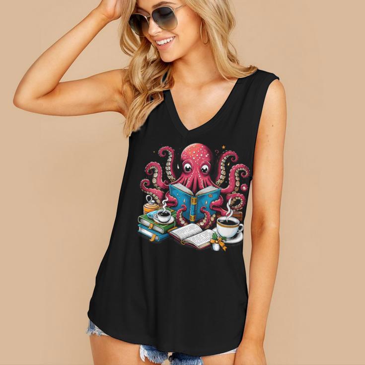 Octopus Reading Book Coffee Lover Bookaholic Bookworm Reader Women's V-Neck Tank Top Octopus Reading Book Coffee Lover Bookaholic Bookworm Reader Women's V-Neck Tank Top