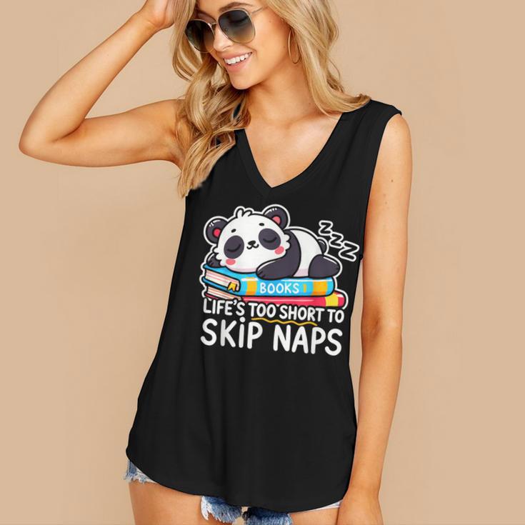 Panda Napping On Books Life’s Too Short To Skip Naps Women's V-Neck Tank Top