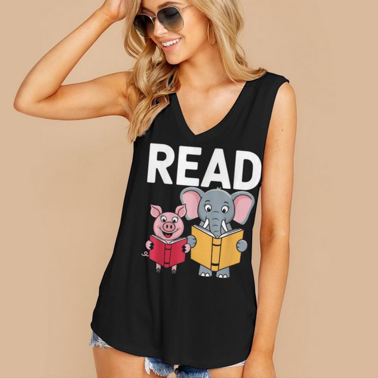 Pig Elephant Reading Cute Book Lover Bookworm Boys Girls Kid Women's V-Neck Tank Top