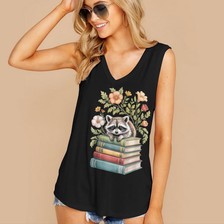Raccoon Books Reading Flowers Women's V-Neck Tank Top Raccoon Books Reading Flowers Women's V-Neck Tank Top