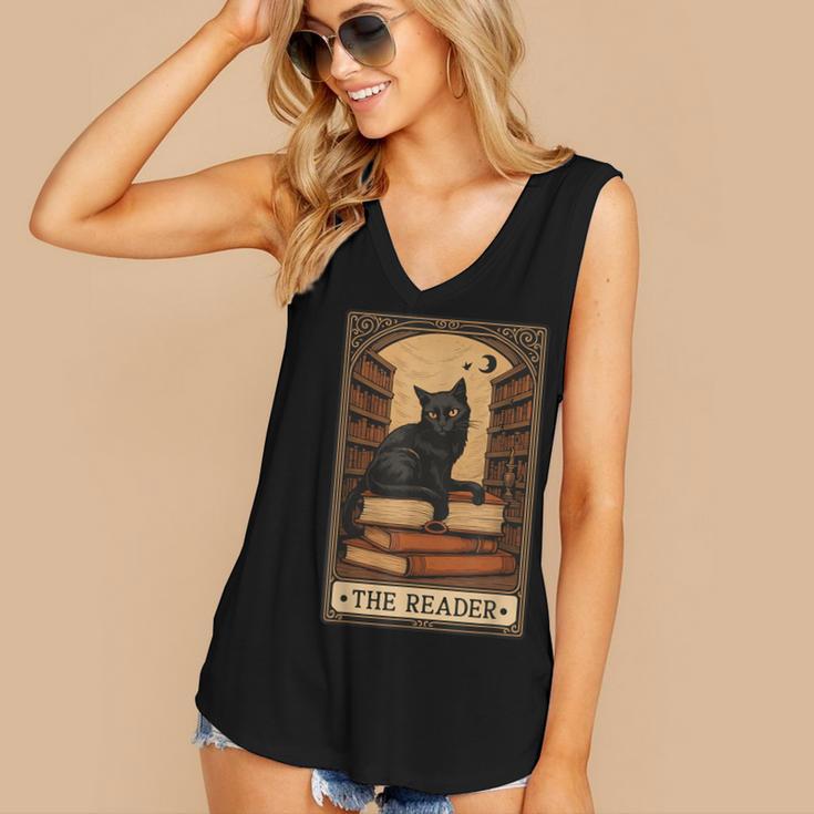 The Reader Cat Book Reading Halloween Tarot Card Women's V-Neck Tank Top